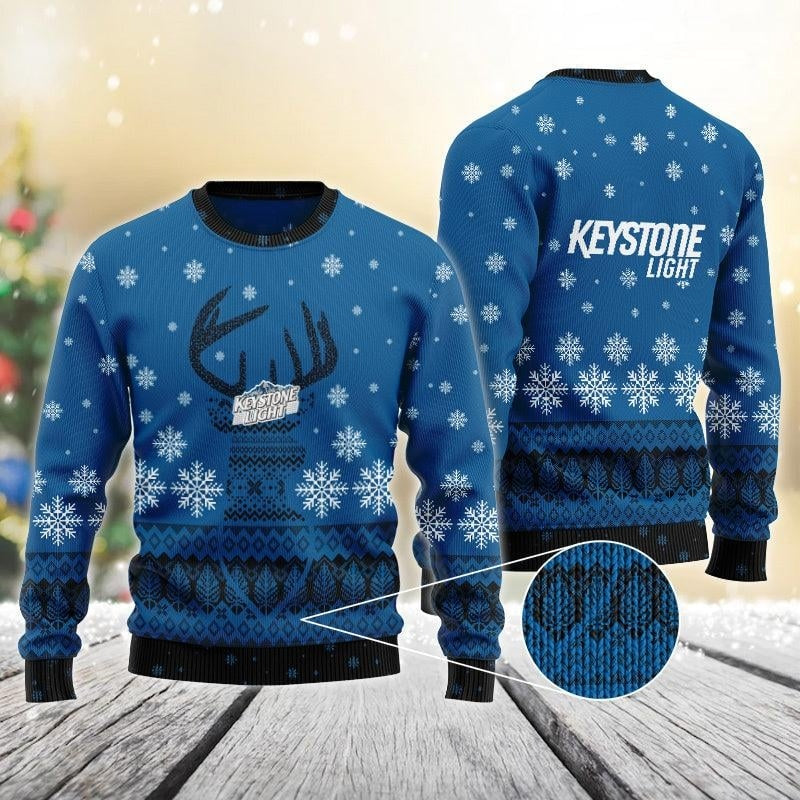 Blue Keystone Light Reindeer Beer Ugly Christmas Sweater