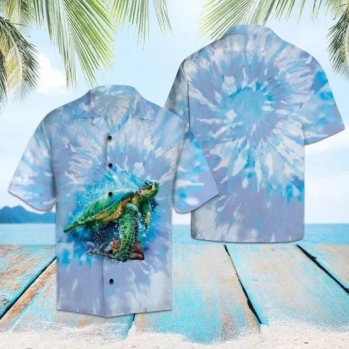 Blue Turtle Tie Dye Hawaiian Shirt