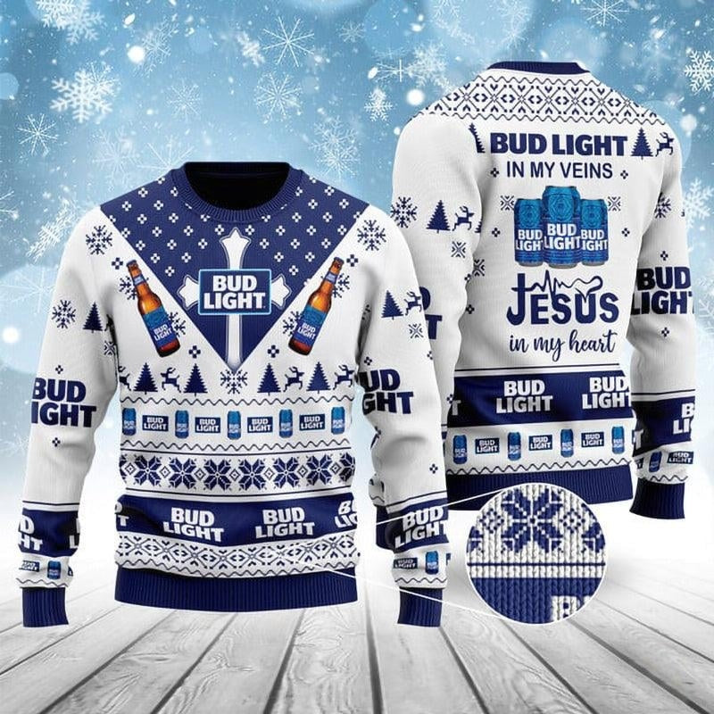 Bud Light In My Veins Jesus In My Heart Ugly Sweater