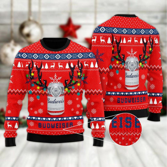 Budweiser Christmas Reindeer Horns Ugly Sweater