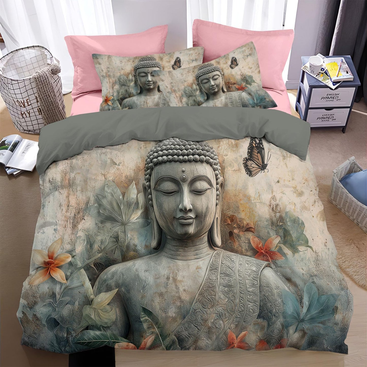 Butterfly Buddha Statue Bedding Set