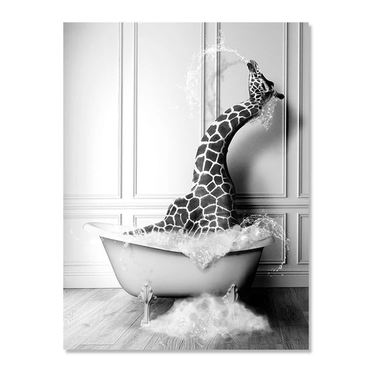 Giraffle Bathtub Black White Poster Canvas Wall Art for Bathroom