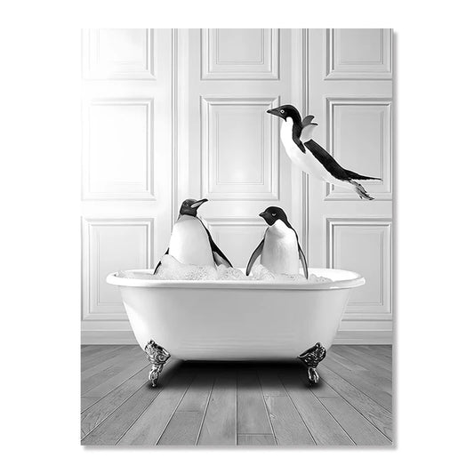 Penguin Bathtub Black White Poster Canvas Wall Art for Bathroom