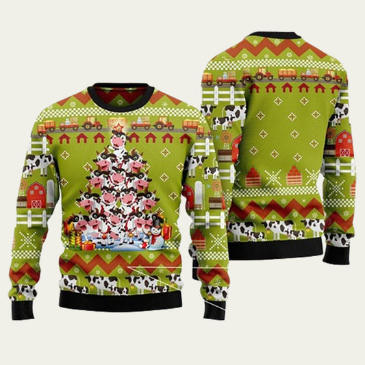 Christmas Cow Pine Tree Family Ugly Christmas Sweater