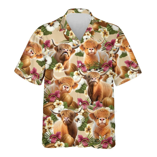 Cute Highland Cow Floral Hawaiian Shirt