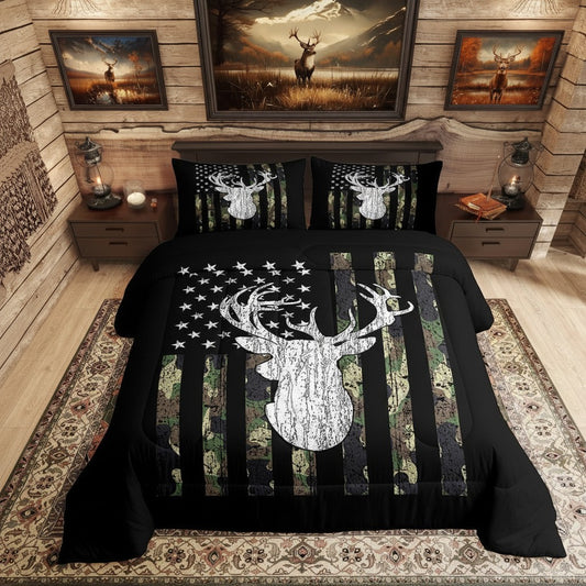 Deer Hunting American Flag Forest Camouflage Bedding Set