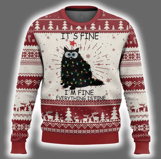Everything Is Fine Black Cat Ugly Christmas Sweater