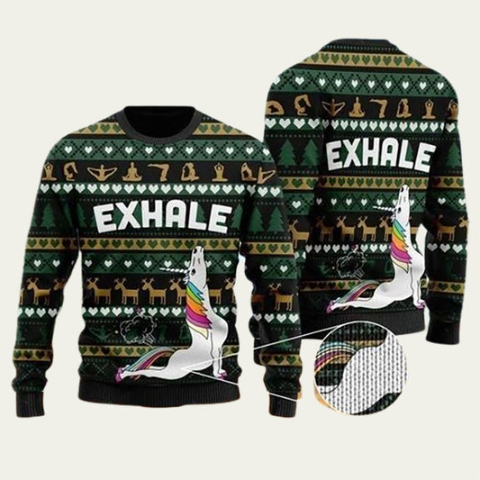 Exhale Yoga Unicorn Ugly Christmas Sweater