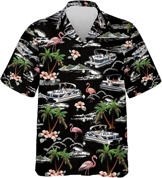 Flamingo And Pontoon Boat Tropical Hawaiian Shirt