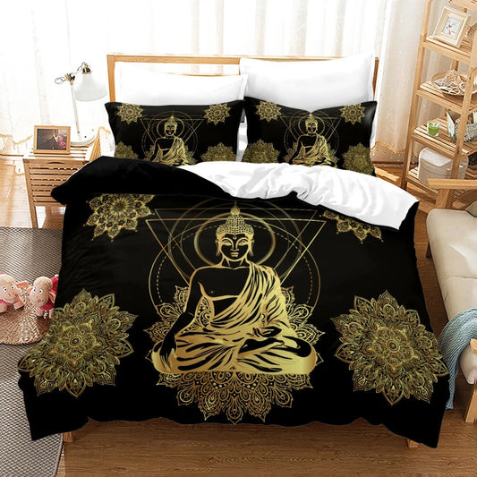 Floral Geometric Golden Buddha Bedding Set