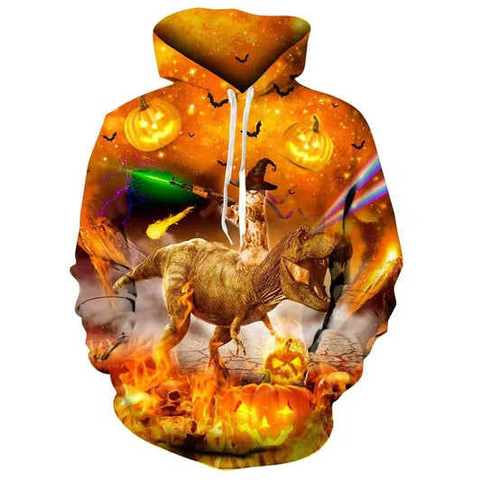 Funny Cat Riding Dinosaur Halloween Hoodie