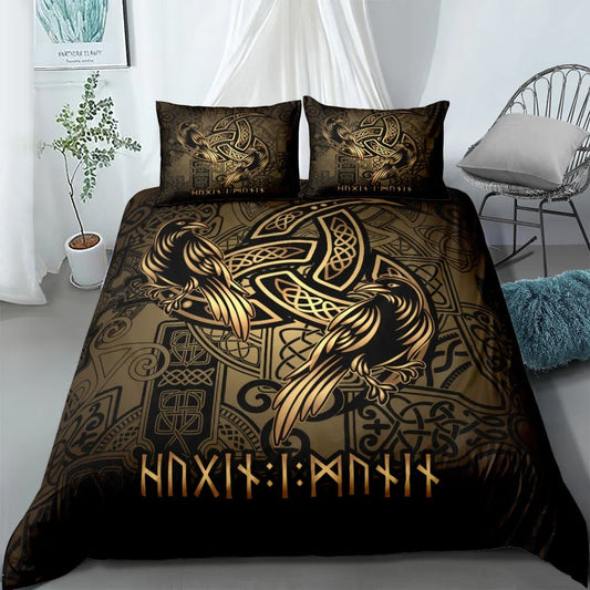 Gold Raven Mythology Viking Bedding Set