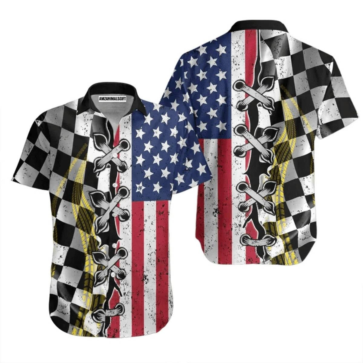 Racing Flag American Flag Hawaiian Shirt