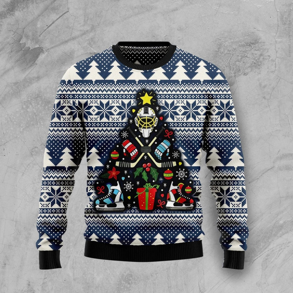 Hockey Player Christmas Tree Ugly Christmas Sweater
