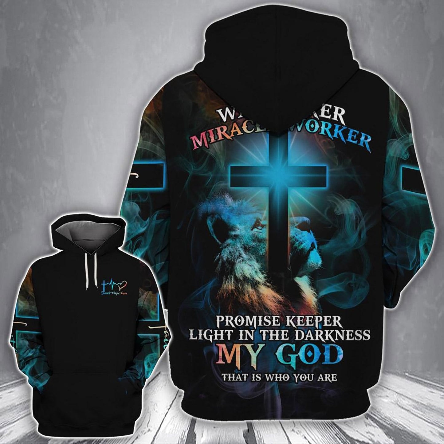 Lion Cross Light Way Maker Miracle Worker Faith Hope Love God Jesus Hoodie