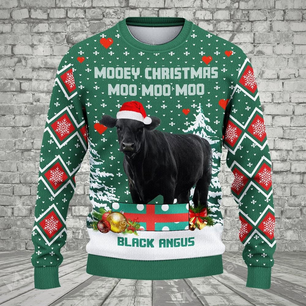 Mooey Christmas Moo Moo Moo Black Angus Green Ugly Christmas Sweater
