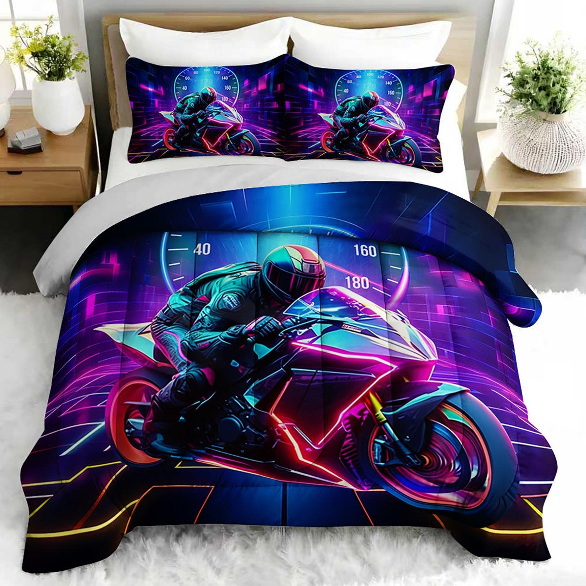 Neon Style Motorcycle Bedding Set
