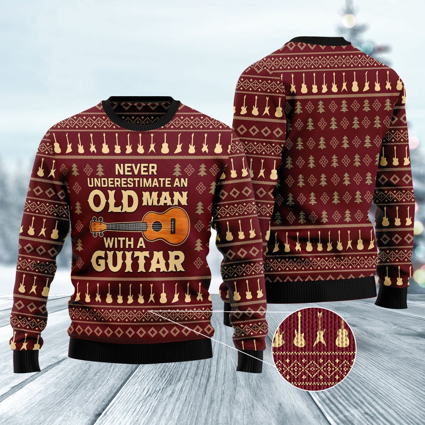 Never Underestimate An Old Man With Guitar Ugly Xmas Sweater