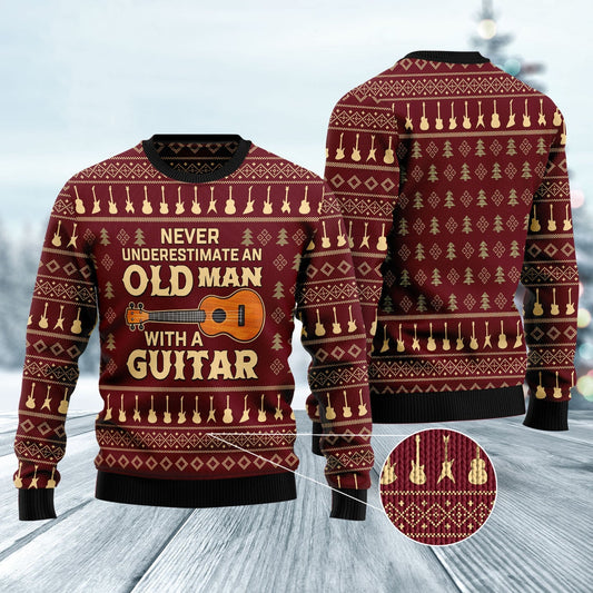 Never Underestimate An Old Man With Guitar Ugly Xmas Sweater