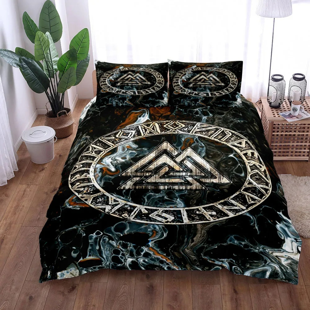Norse Mythology Valknut Symbol Marble Viking Bedding Set