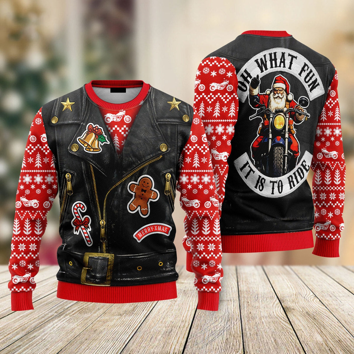 Oh What Fun It Is To Ride Santa Biker Christmas Ugly Sweater