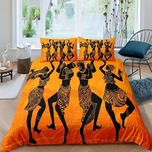 Orange Black African Girl Dance Bedding Set