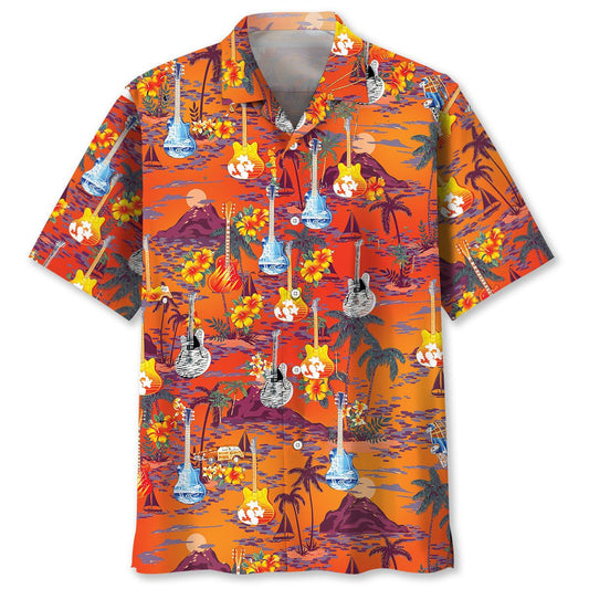 Orange Guitar Beach Hawaiian Shirt