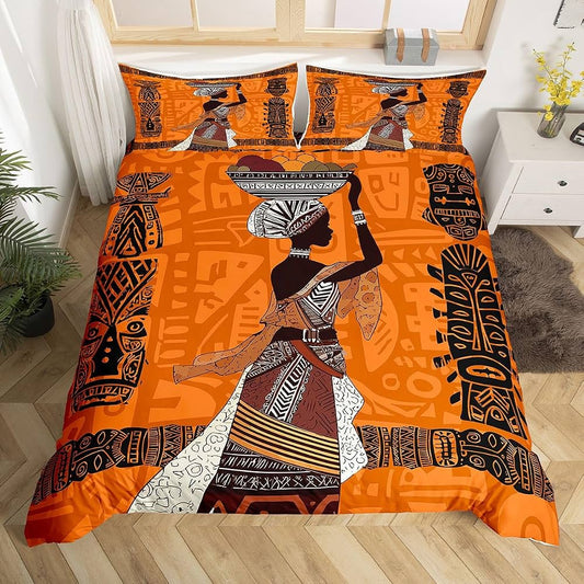 Orange Tribal African Black Woman Bedding Set