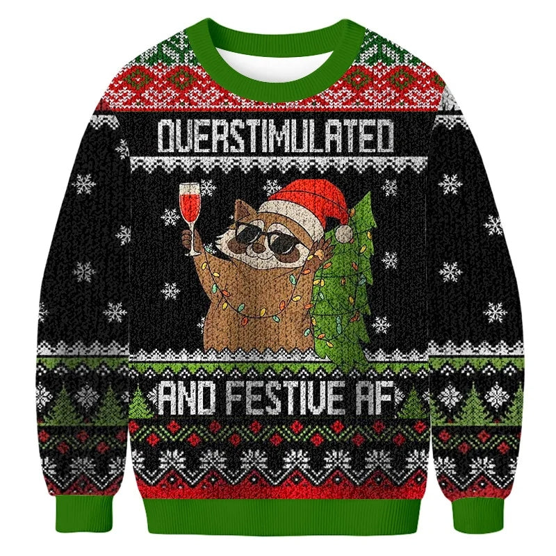 Overstimulated And Festive AF Raccoon Christmas Ugly Sweater