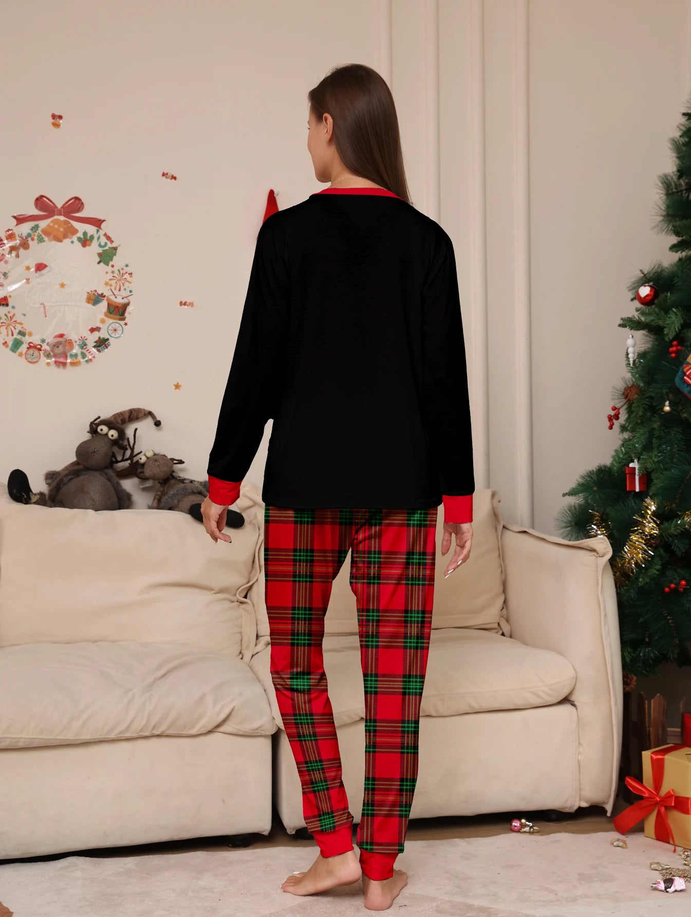 Black Christmas Pajamas Set for Couple, Reindeer Xmas Tree