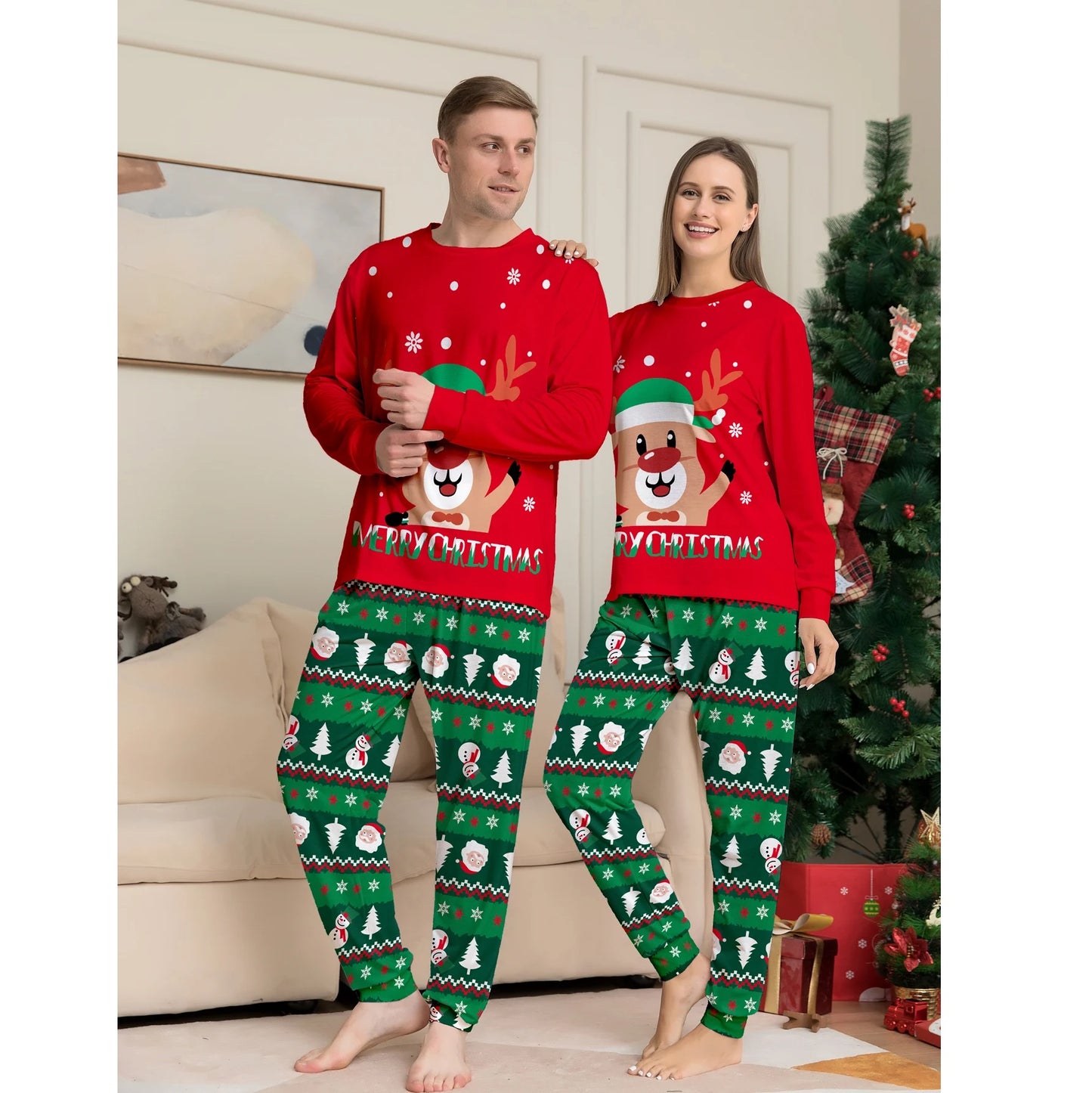 Red Reindeer Couple His Her Christmas Pajamas Set