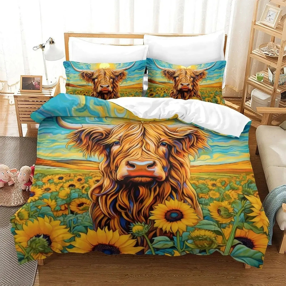 Painting Sunflower Highland Cow Bedding Set