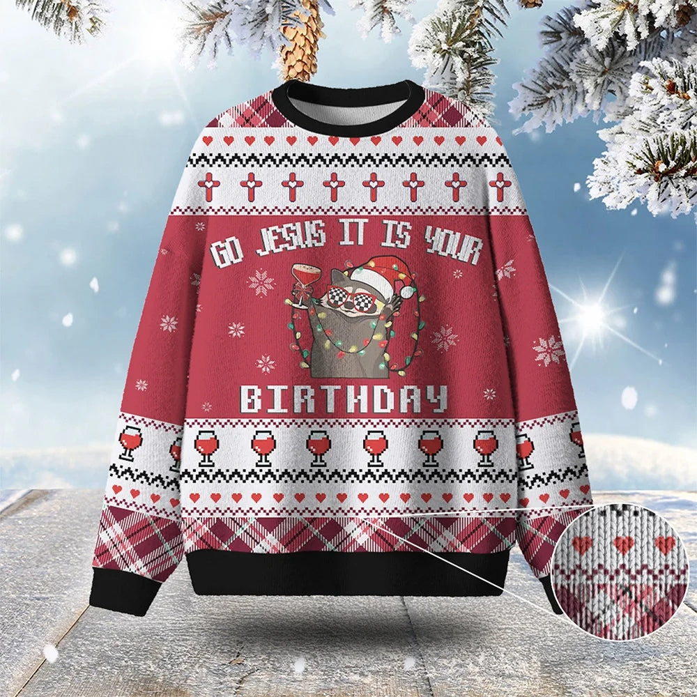 Raccoon Go Jesus It Is Your Birthday Ugly Christmas Sweater