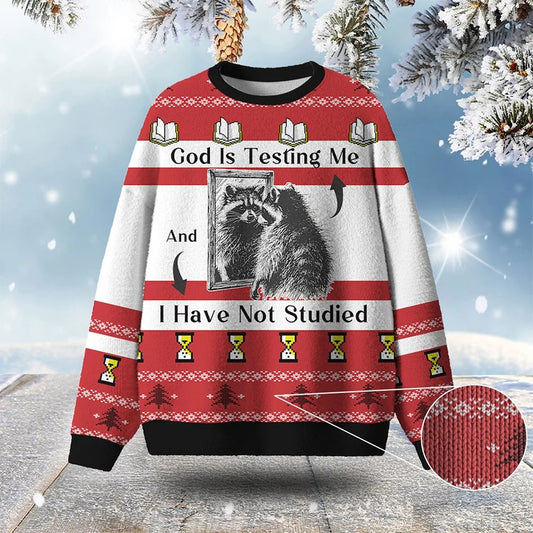 Raccoon God Is Testing Me Ugly Christmas Sweater