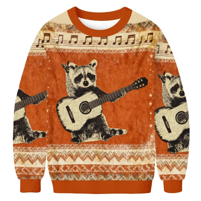Raccoon Guitar Hippie Ugly Sweater