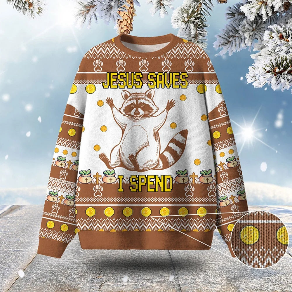 Raccoon Jesus Saves I Spend Ugly Christmas Sweater
