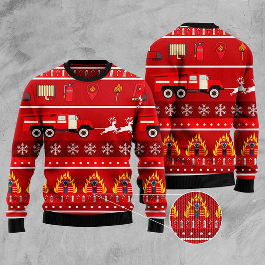 Reindeer Fire Truck Firefighter Ugly Christmas Sweater