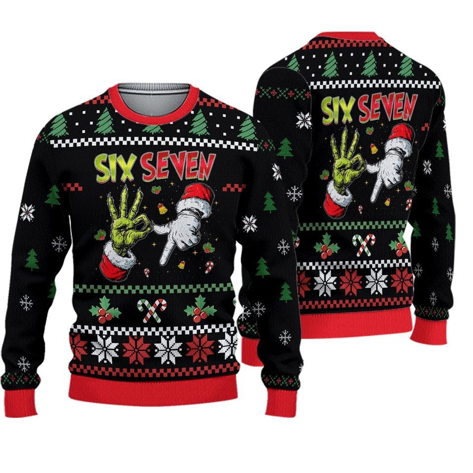 Six Seven Meme Santa Monster Hand Christmas Ugly Sweater