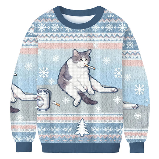 Smoking Cat Funny Meme Christmas Ugly Sweater
