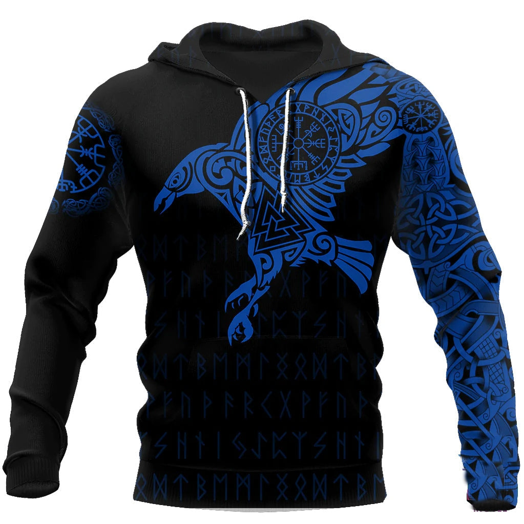 The Raven Of Odin Tattoo Blue Viking Hoodie
