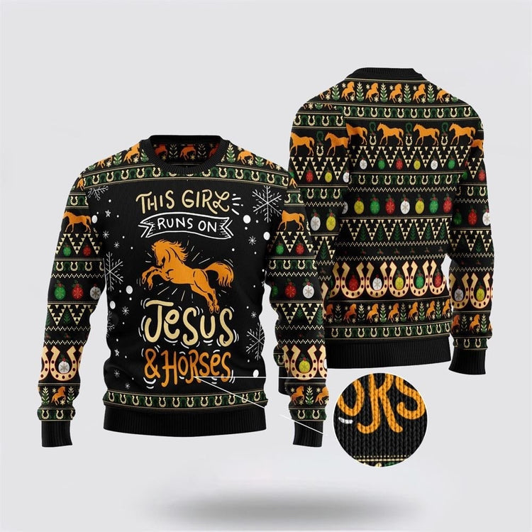 This Girls Run On Jesus And Horses Ugly Christmas Sweater
