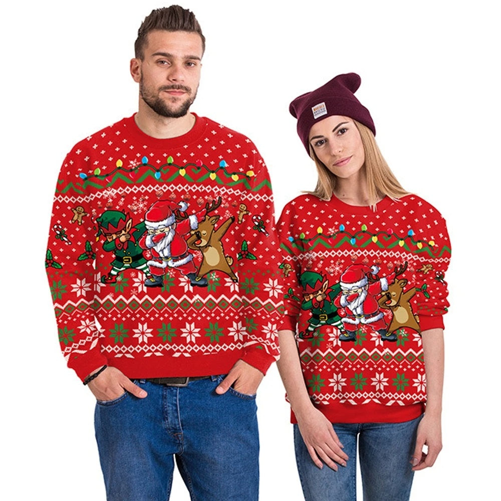 Santa Elf Reindeer Dabbing Couple Ugly Sweaters