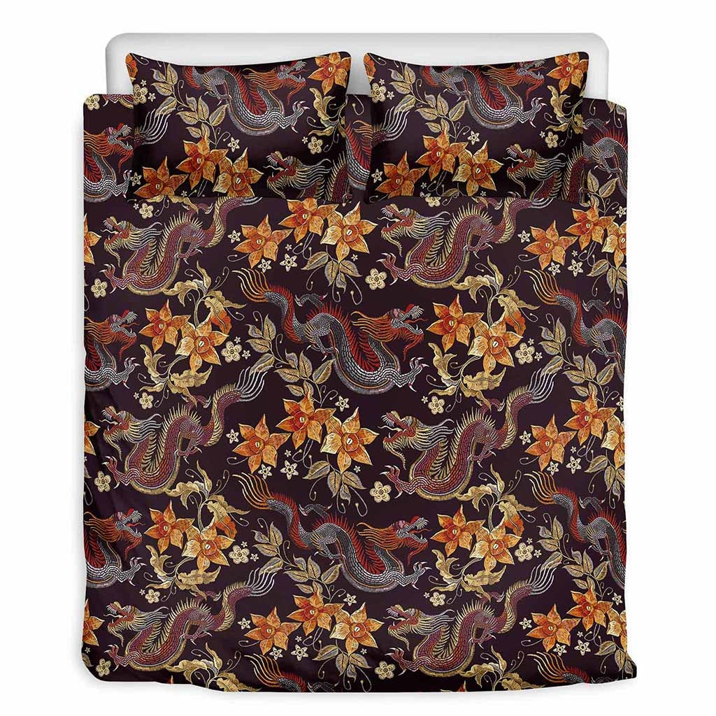 Vintage Dragon Flower Pattern Bedding Set