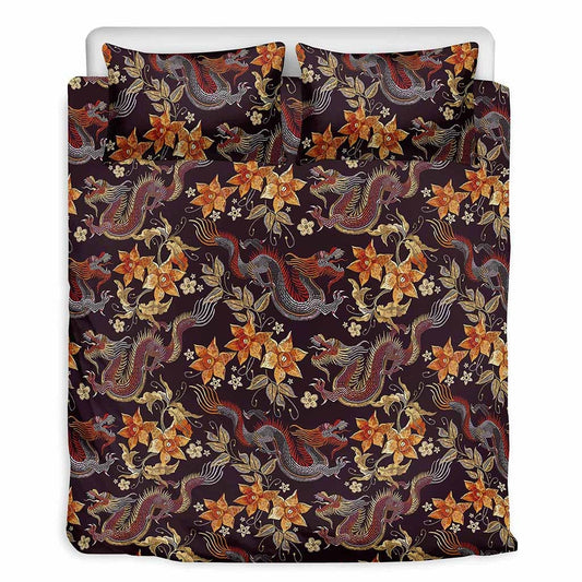 Vintage Dragon Flower Pattern Bedding Set