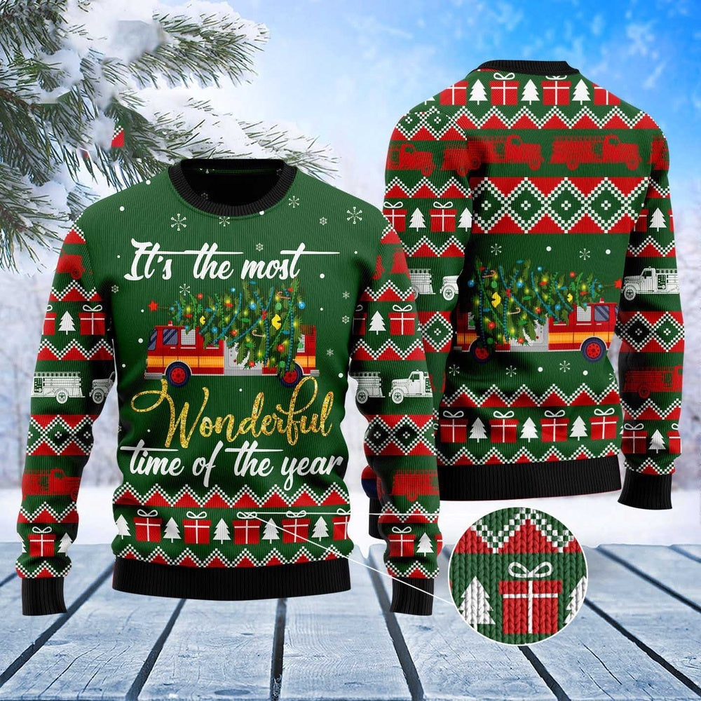 Wonderful Time Christmas Firefighter Ugly Sweater