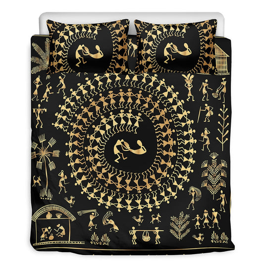 Black Gold Warli Tribal Bedding Set