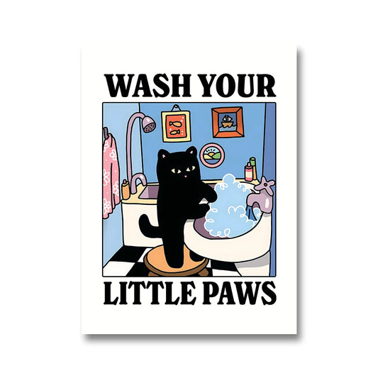 Wash Your Paws Funny Cat Poster Canvas for Bathroom