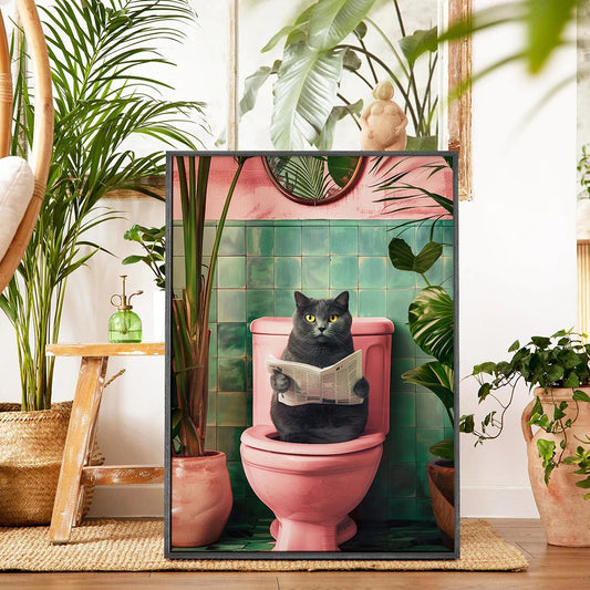 Cat Reading The Newspaper on Toilet Poster for Bathroom