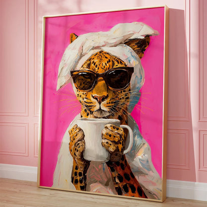 Leopard Drinking Coffee Poster Canvas for Living Room