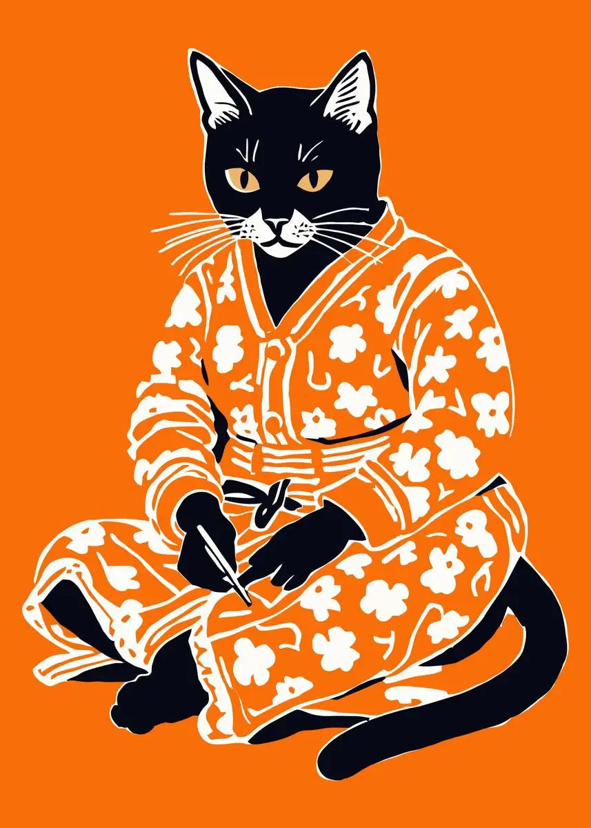 Black Cat Wearing Bathrobe Poster Wall Art for Bathroom